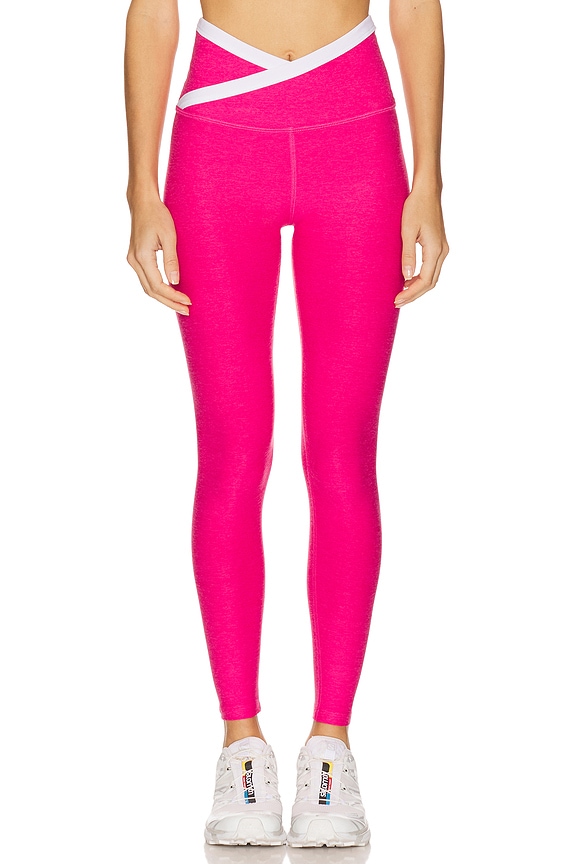 view 1 of 6 Spacedye Outlines High Waisted Midi Legging in Vivid Pink Heather & Cloud White