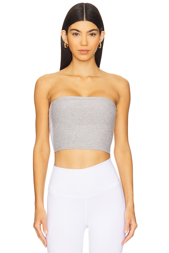 view 2 of 5 Space Dye Strapless Stripe Top in Silver Mist & Cloud White