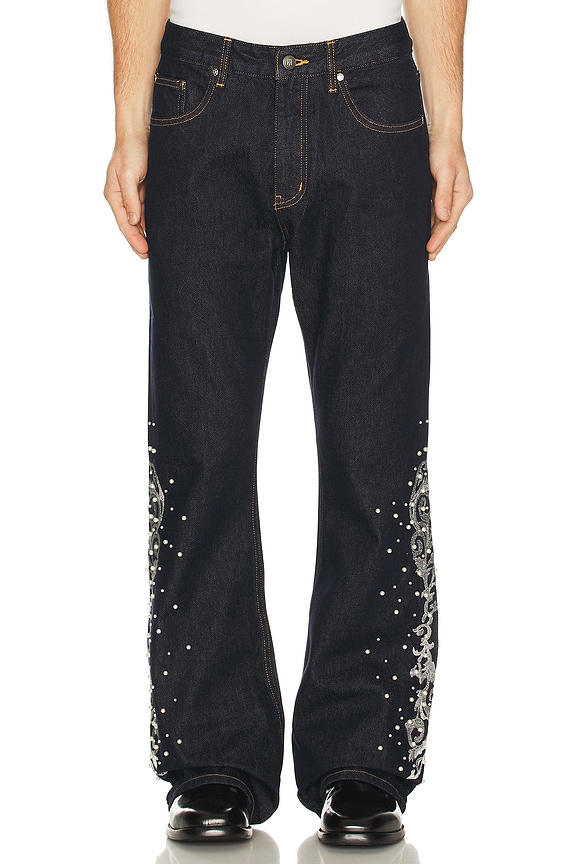view 2 of 7 Embroidered Pearl Flared Trousers in Blue