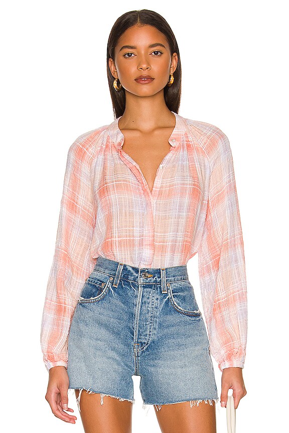 view 1 of 4 Long Sleeve Shirred Raglan Shirt in Coral Plaid