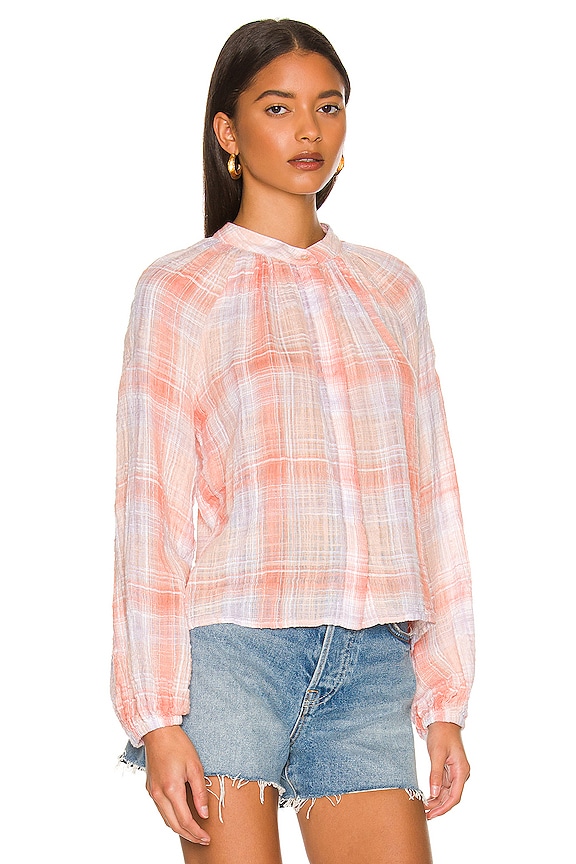 view 2 of 4 Long Sleeve Shirred Raglan Shirt in Coral Plaid
