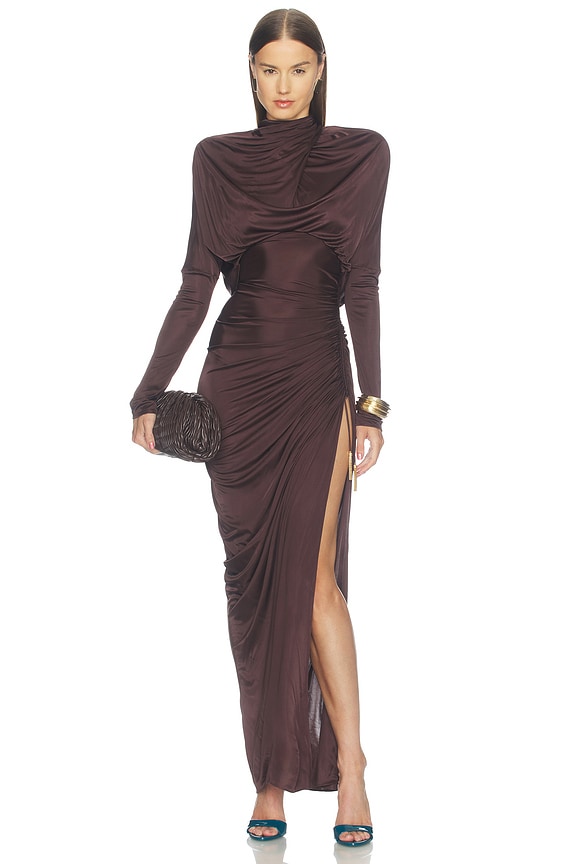 jersey slit dress BALMAIN Open Back Viscose Long in Marron COLOURSET|PP66JH434