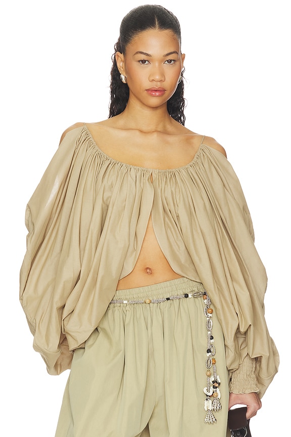 view 1 of 4 Draped Cotton Blouse in Beige Foncé in Beige Fonc?
