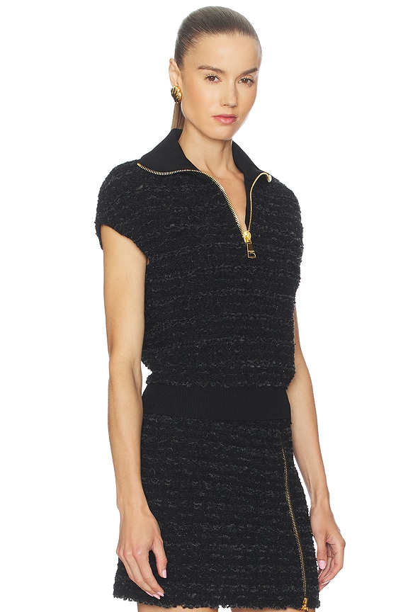 view 2 of 5 Zipped Short Sleeve Tweed Top in Noir