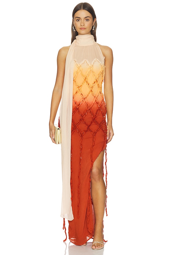 view 1 of 4 ROBE EMBROIDERED CREPONNE in Amberlight & Orange