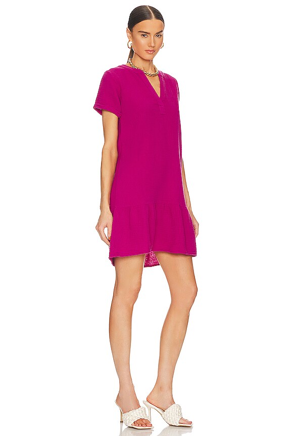 view 2 of 3 Split Neck Ruffle Hem Mini Dress in Dragon Fuit