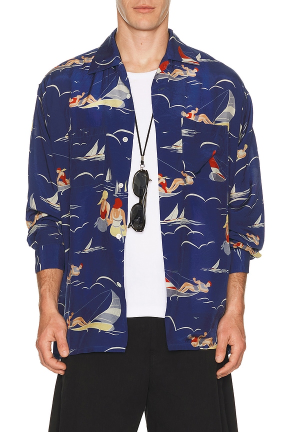 view 1 of 4 Open Collar Cupro Print in Blue