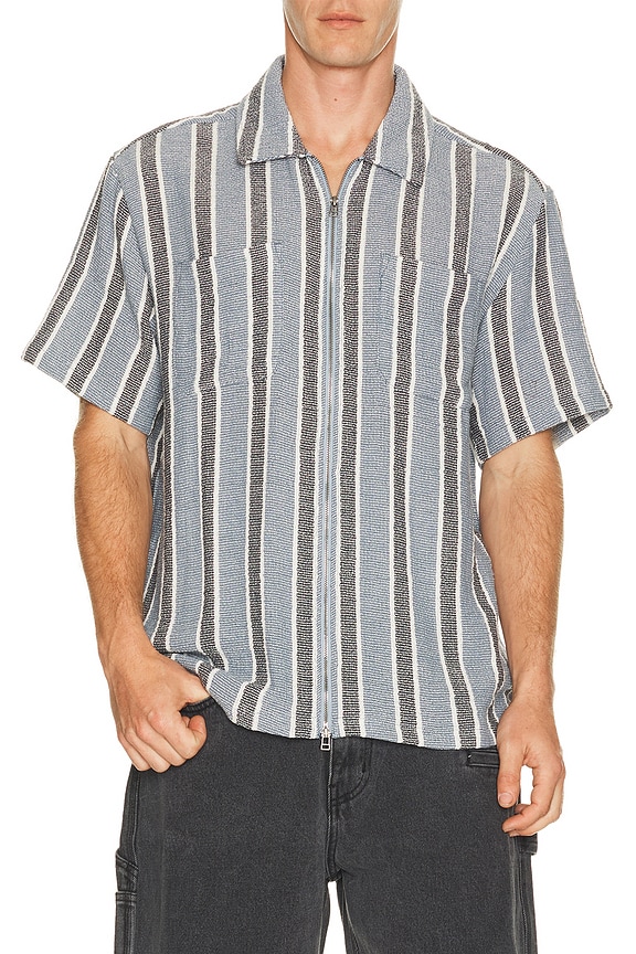 view 1 of 5 The Dexter Textured Stripe Short Sleeve Shirt in Black & Dusty Blue