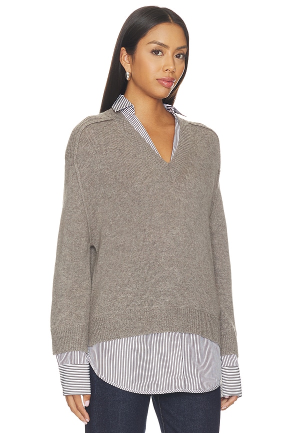 view 2 of 5 V-neck Printed Layered Pullover Sweater in Otter Melange With Flint
