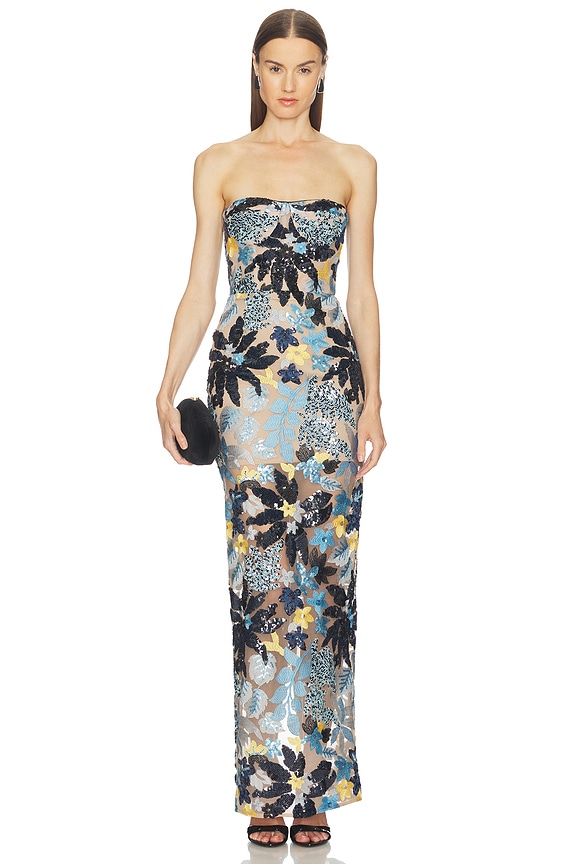 view 1 of 4 Dahlia Strapless Maxi Dress in Blue Yellow Multi