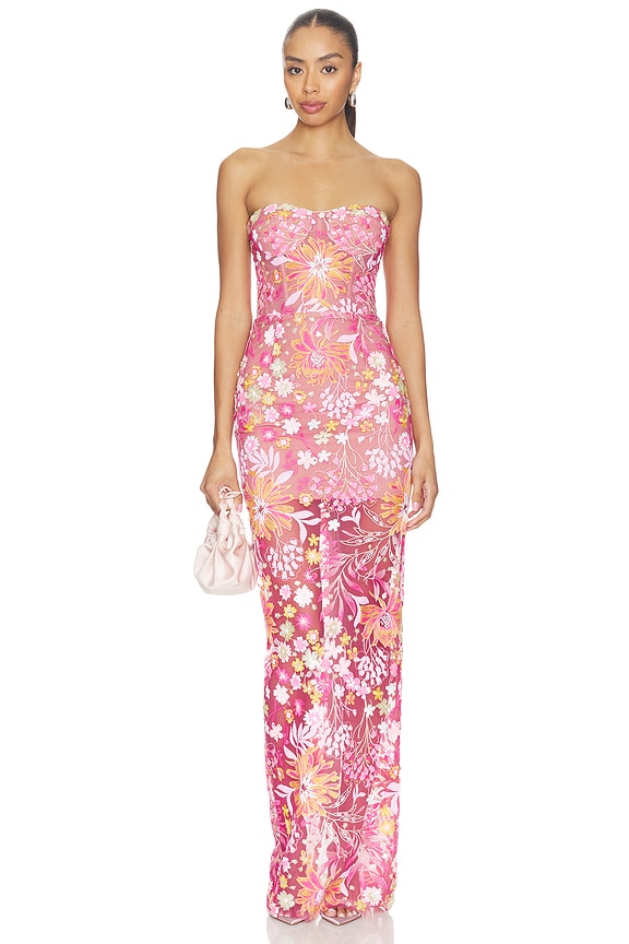 view 1 of 4 Mallorca Sequin Dahlia Strapless Maxi Dress in Pink Multi