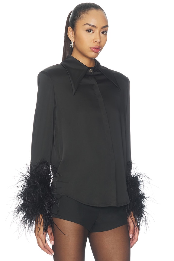 view 2 of 4 Button Down Blouse With Feather Cuffs in Black