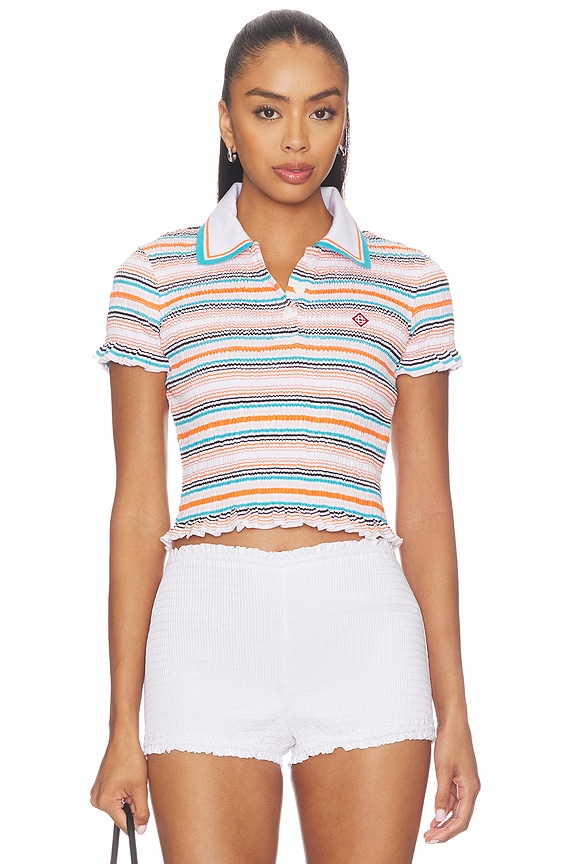 view 1 of 5 Stripe Shirred Polo Top in Jersey Stripe