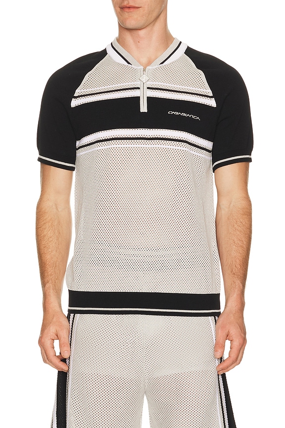 view 1 of 5 Metallic Mesh Stripe Zip Polo in Silver & Black