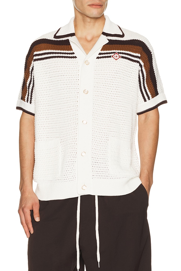 view 1 of 5 Crochet Short Sleeve Shirt in White & Brown