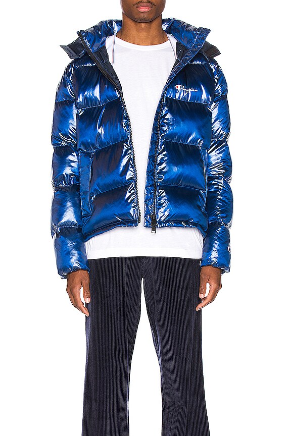 Champion Reverse Weave Melange Hooded Puff Jacket in Blue Jay