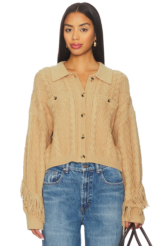 view 2 of 5 Elyse Cabled Fringe Sweater Cardigan in Camel