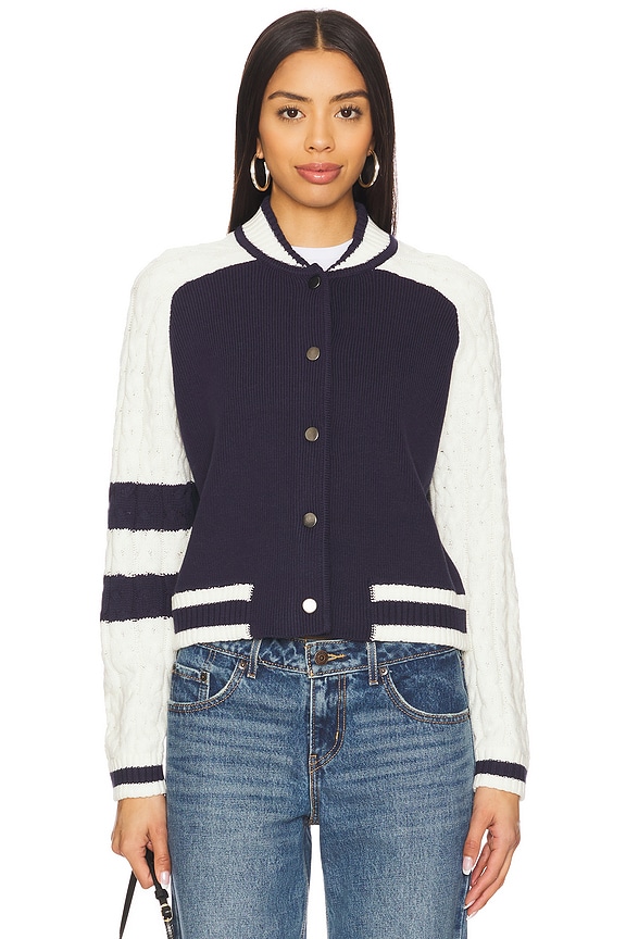 view 2 of 5 Cable Sleeve Knit Bomber in Navy