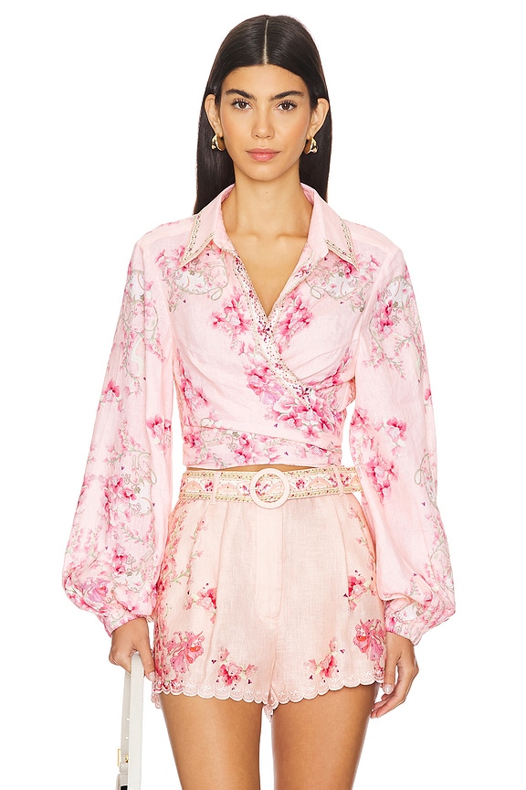 view 2 of 6 Cropped Wrap Shirt in Blossoms And Brushstrokes