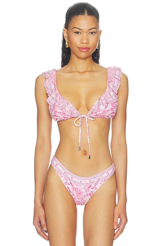view 1 of 5 Tie Front Tri Bikini Top With Frill Neck in Livin La Vida Rosa
