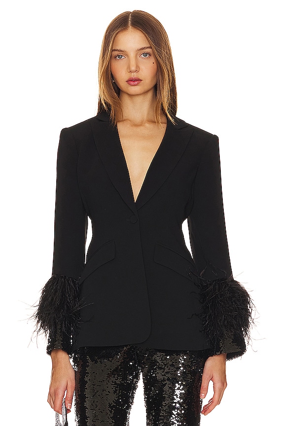 Cinq a Sept Sequin And Feather Cheyenne Blazer in Black & Black | REVOLVE
