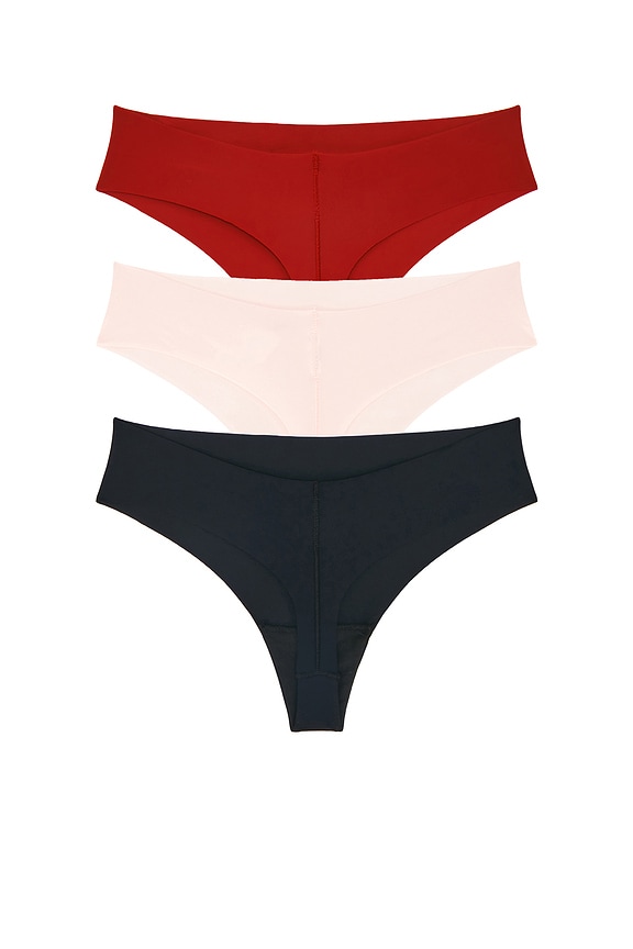 view 2 of 2 Calvin Klein Thong 3 Packs in Black, Nymphs Thigh, & Red Stamp