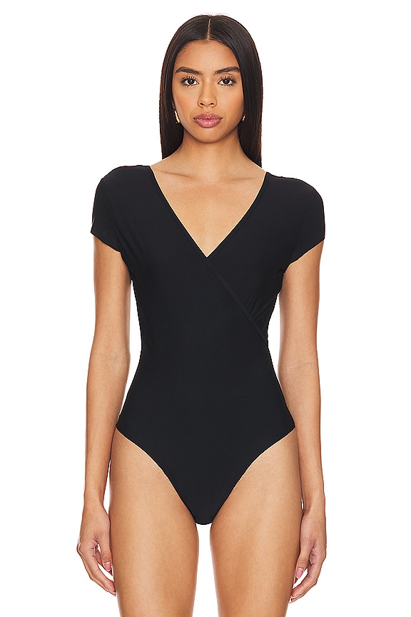 view 2 of 5 Butter Cap Sleeve Wrap Bodysuit in Black