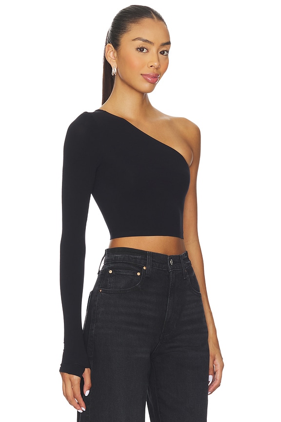 view 2 of 5 Ballet Body One Shoulder Crop Top With Thumbhole in Black