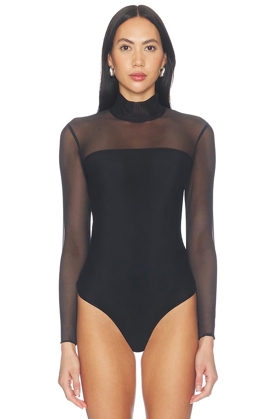 view 2 of 5 Chic Mesh Mockneck Covered Bodysuit in Black