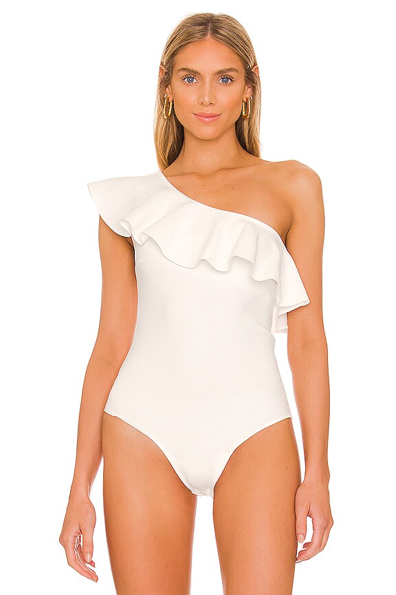 view 2 of 5 One Shoulder Ruffle Bodysuit in White