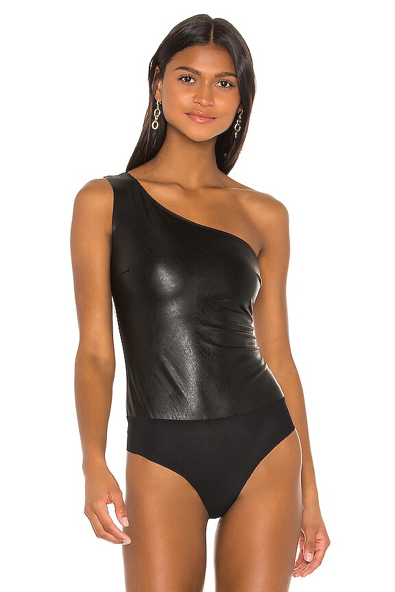view 2 of 5 Faux Leather One Shoulder Bodysuit in Black