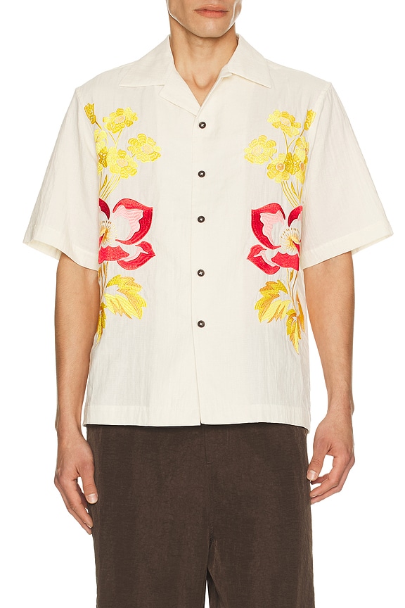 view 1 of 5 Embroidered Peonies Bowling Shirt in White