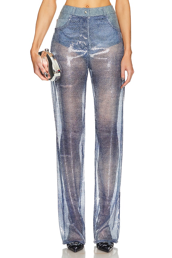 view 1 of 5 Denim Effect Sequin Flared Pant in Blue
