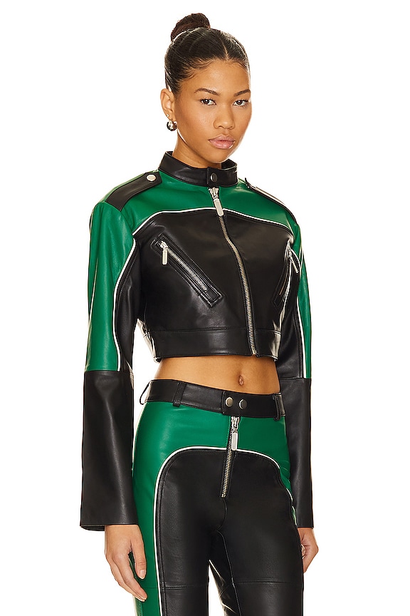 view 2 of 4 Cropped Moto Biker Leather Jacket in Green & Black
