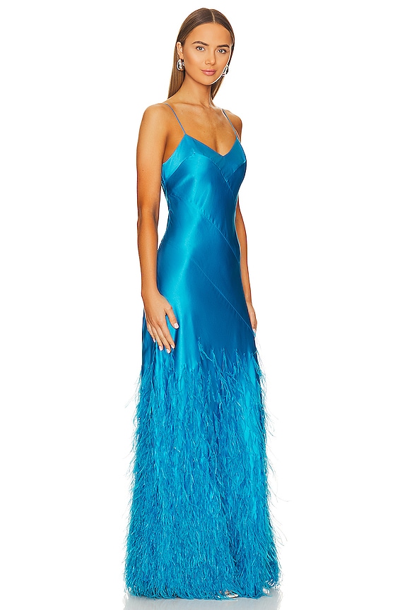 view 2 of 3 VESTIDO LARGO HANSAL in Lake Blue Satin + Feathers