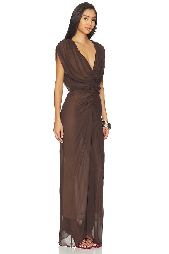 view 2 of 3 Ruched V Neck Gown in Dark Brown