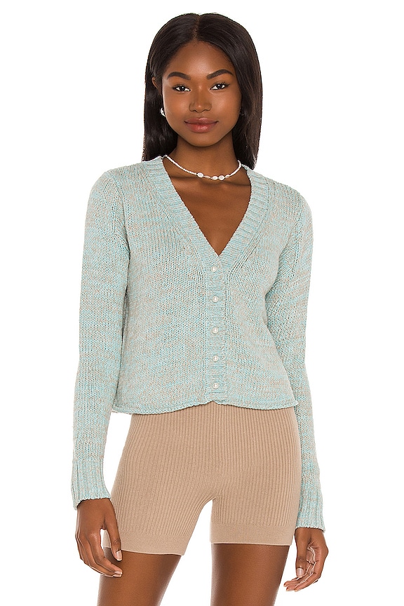 view 1 of 4 Cropped Cardigan With Pearl Buttons in Blue & Grey Heather