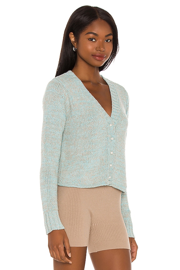 view 2 of 4 Cropped Cardigan With Pearl Buttons in Blue & Grey Heather