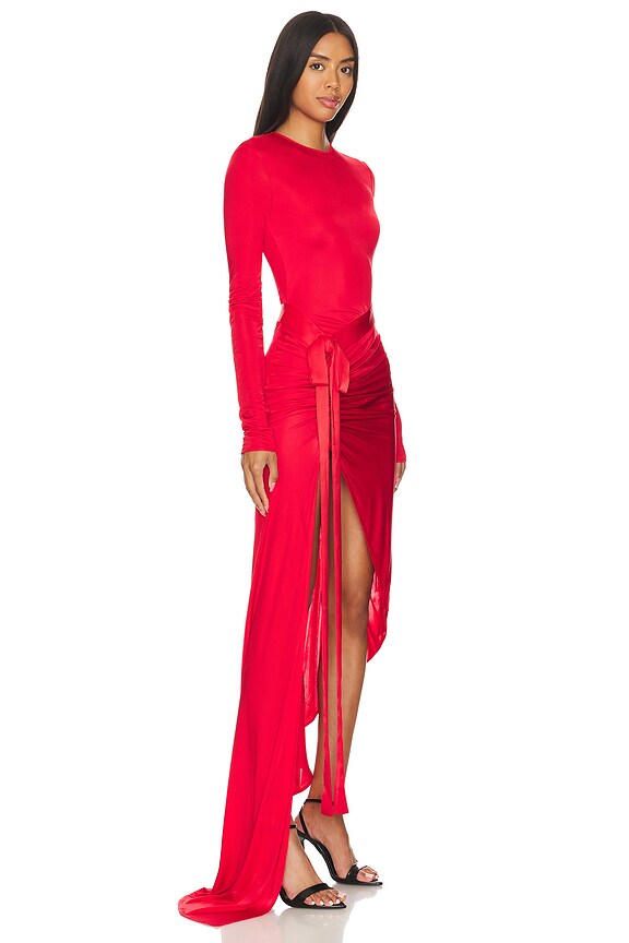 view 2 of 3 Satin Bow Detail Asymmetric Long Dress in Red