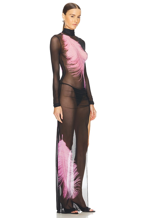 view 2 of 4 Feather Printed Long Sleeve Mesh Gown in Black & Pink
