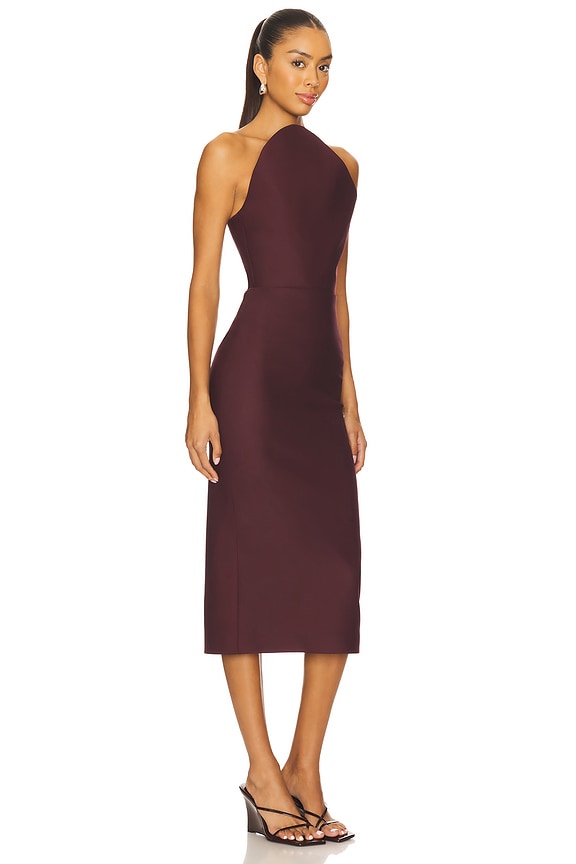 view 2 of 3 Asymmetric Cut Strapless Midi Dress in Burgundy