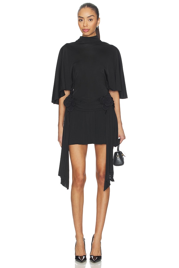 view 1 of 3 3D Lace Flower Detail Draped Sleeve Mini Dress in Black