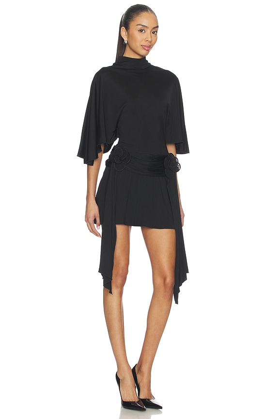 view 2 of 3 3D Lace Flower Detail Draped Sleeve Mini Dress in Black