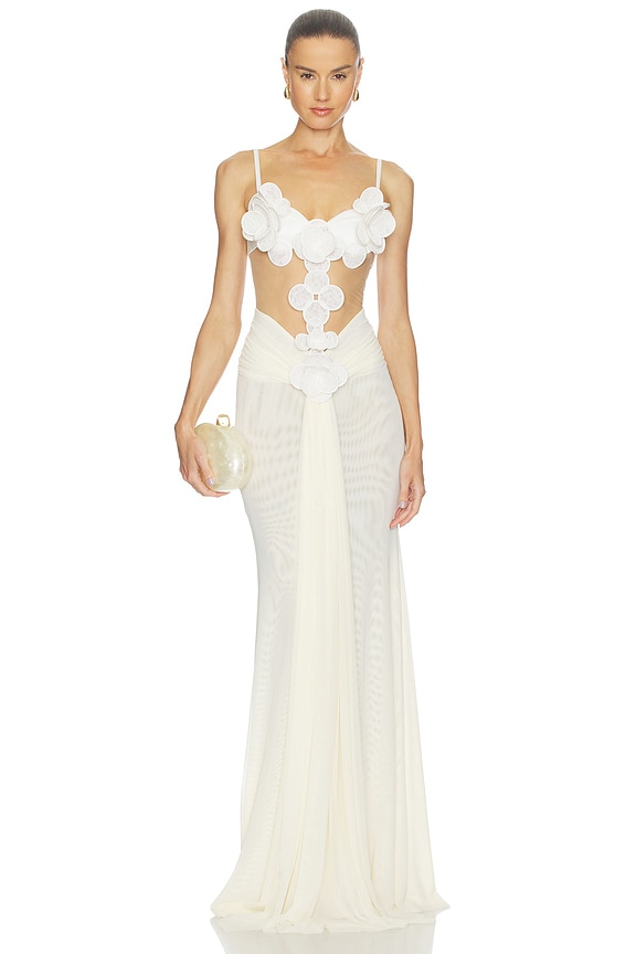 view 1 of 3 3D Flower Embroidered Mesh Gown in Ivory