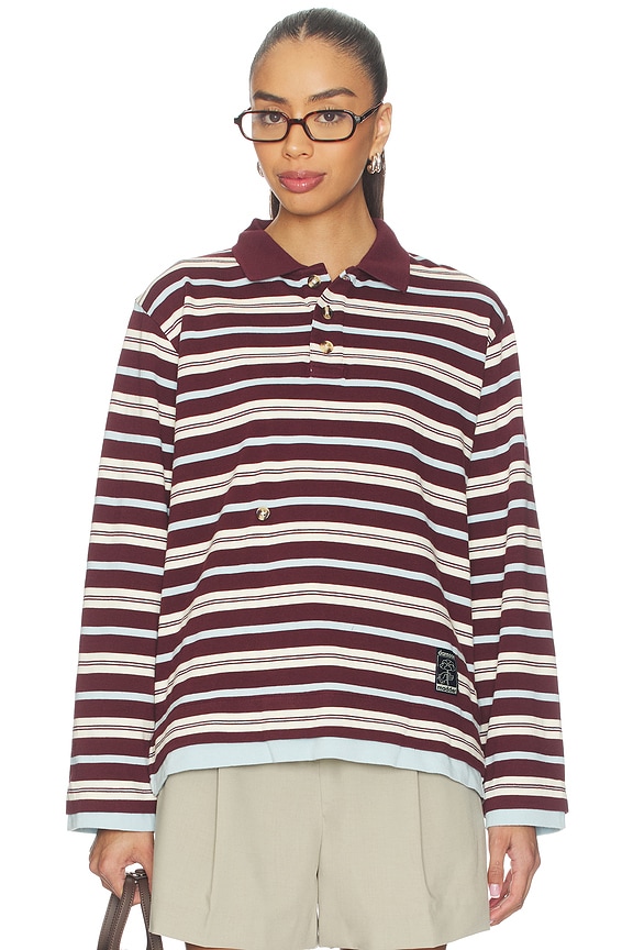 view 2 of 6 Noah Cinch Layered Rugby Polo in Chocolate Stripe & Blue