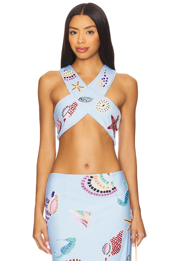 view 1 of 6 KShell Hand Beaded Top in Light Blue