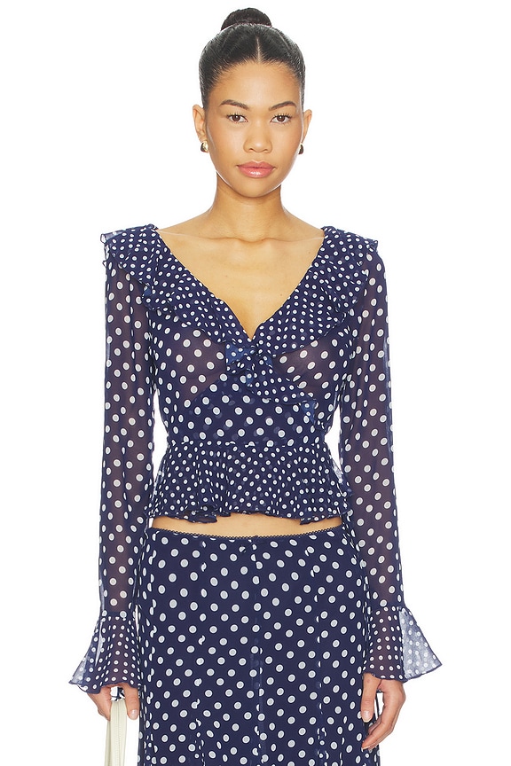 view 1 of 4 Mallorca Ruffle Wrap Top in Navy Mixed Polka Dot
