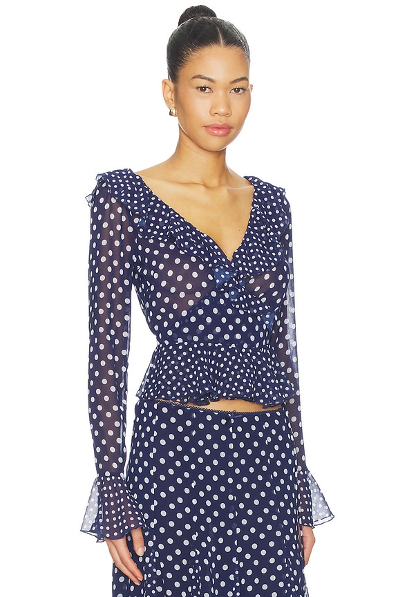 view 2 of 4 Mallorca Ruffle Wrap Top in Navy Mixed Polka Dot