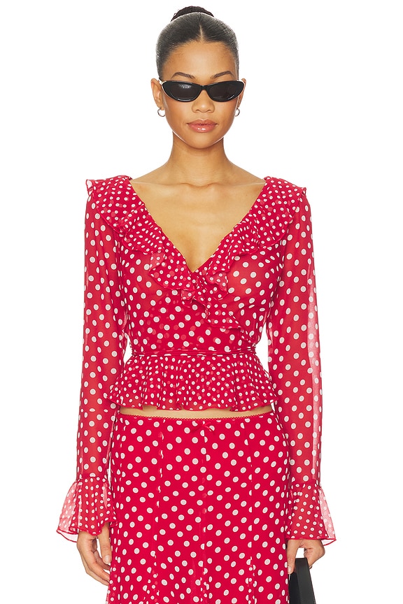 view 1 of 4 Mallorca Ruffle Wrap Top in Red Love Dot