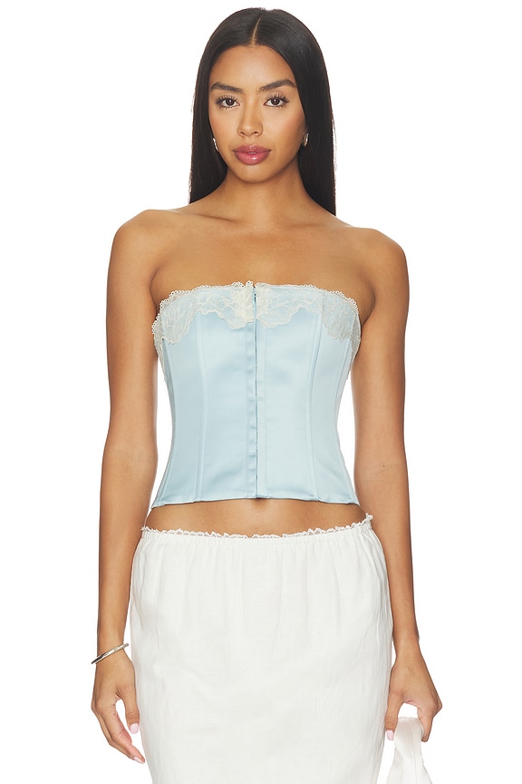 view 1 of 4 Lace Trim Satin Corset in Light Blue & Honey Butter